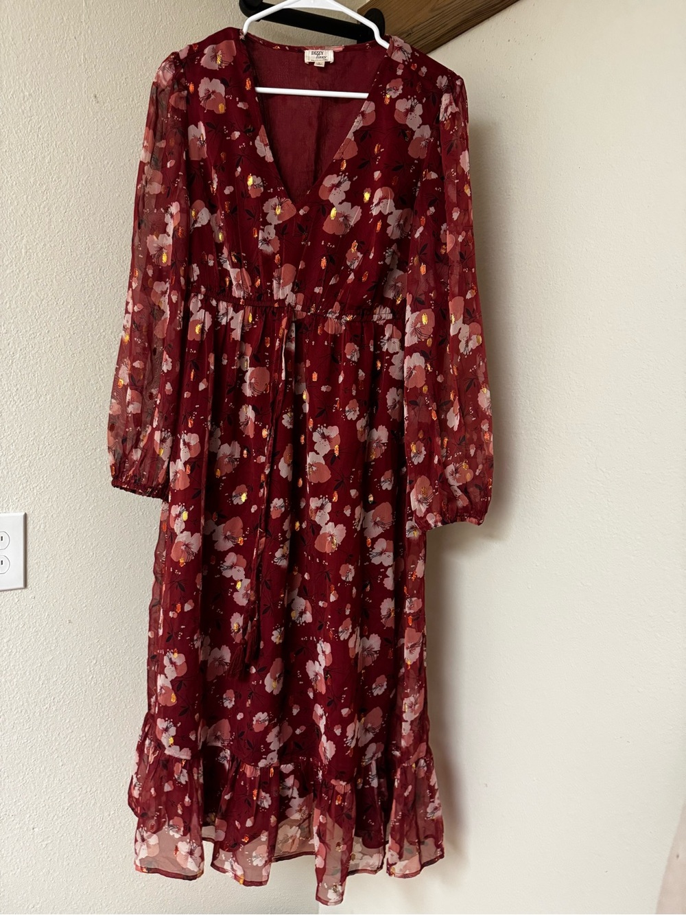Dizzy Lizzy Floral Burgundy Long Sleeve Midi Dress